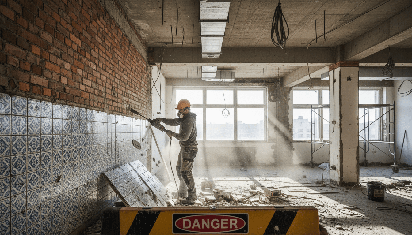 Arbeiter beim Entfernen alter Fliesen an einer Wand