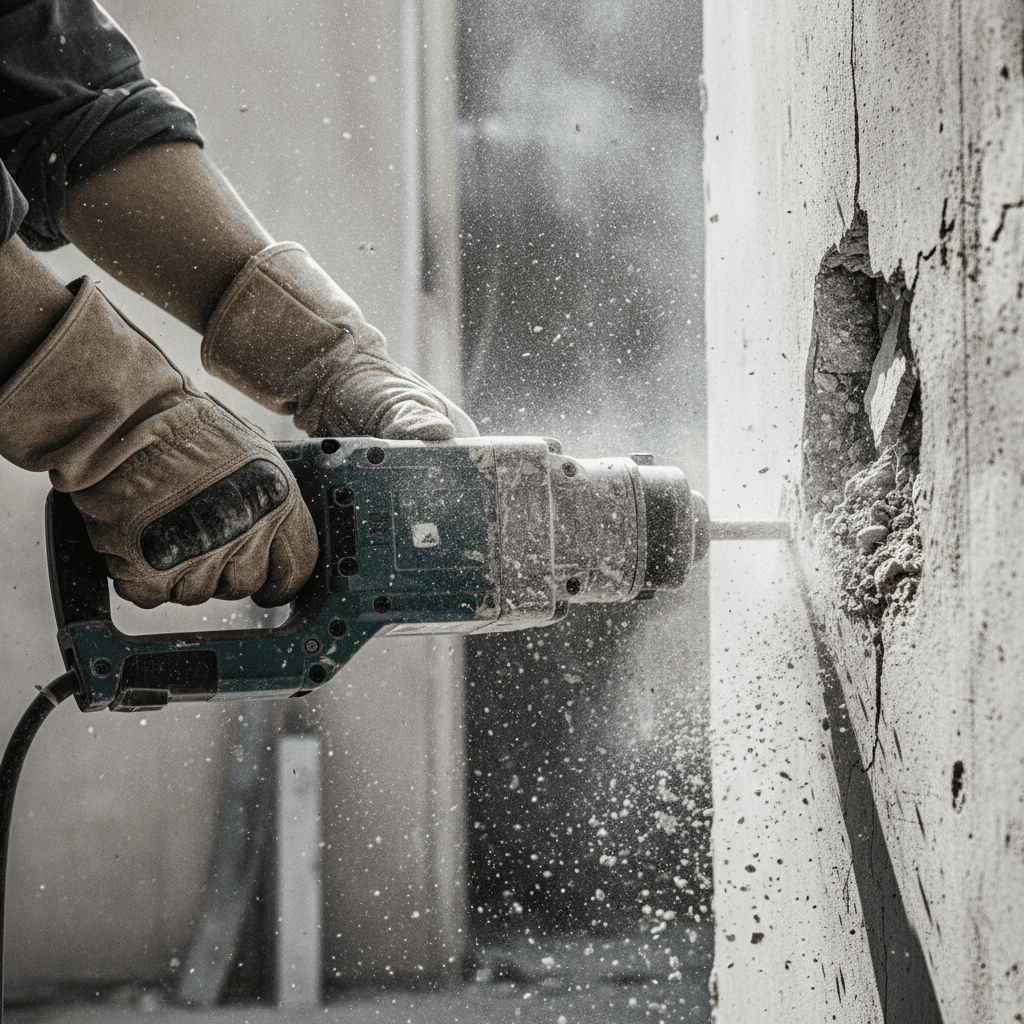 Arbeiterhand mit Abbruchhammer an Betonwand in München
