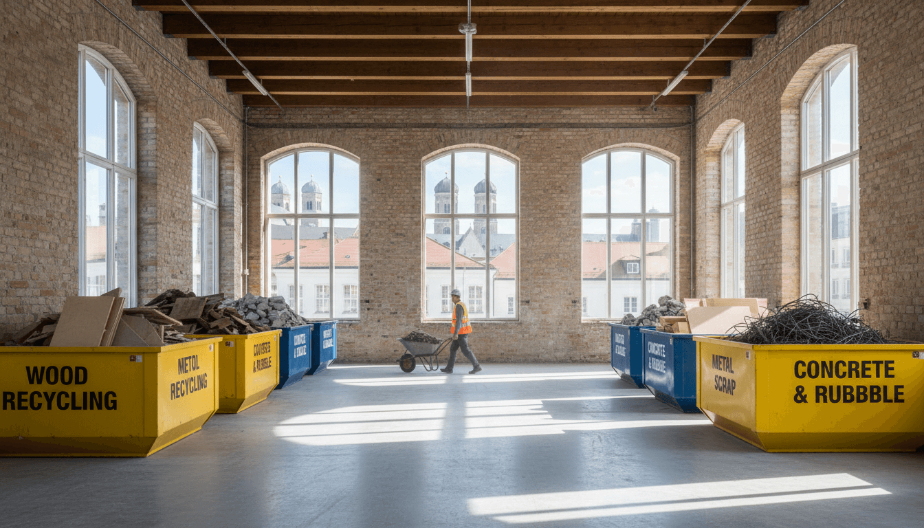 Aufgeräumte Abbruchbaustelle mit sortierten Containern in München