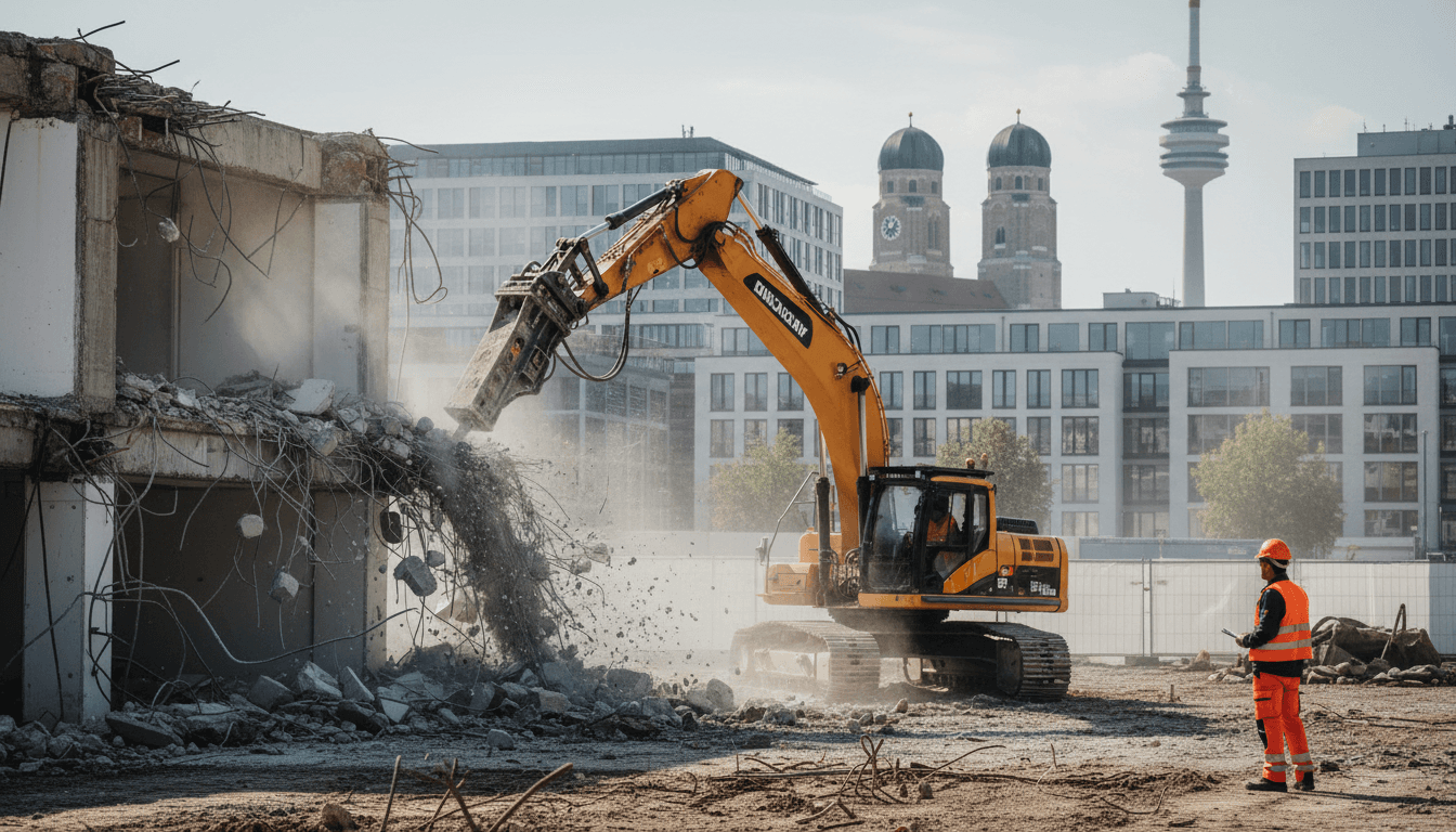 Bagger mit Abbruchhammer auf einer Baustelle in München