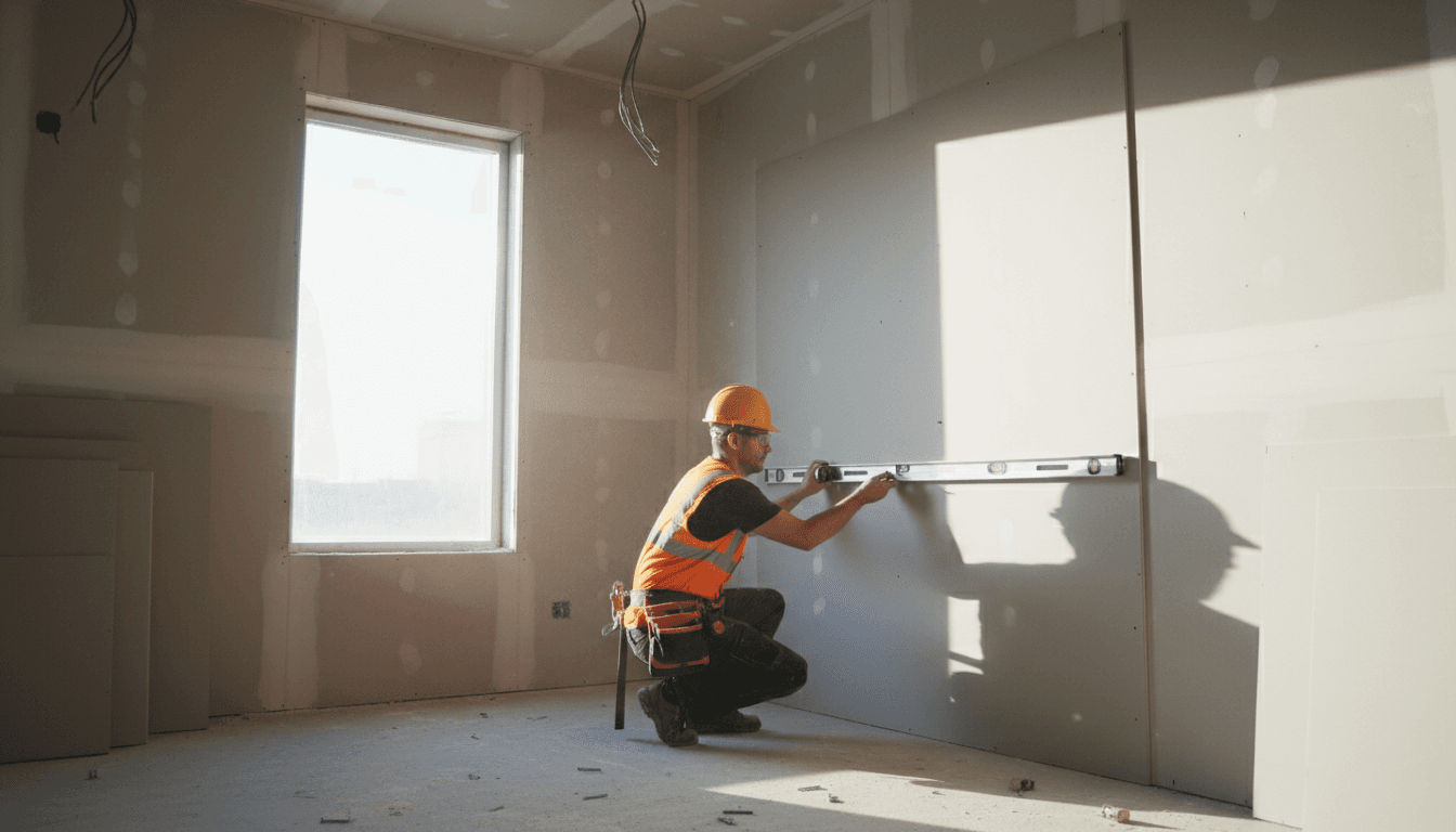 Handwerker bei der Arbeit mit einer Wasserwaage im Innenausbau