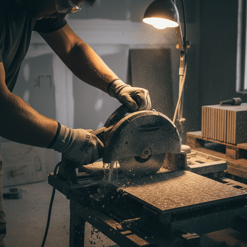 Arbeiter beim Entfernen alter Bodenfliesen