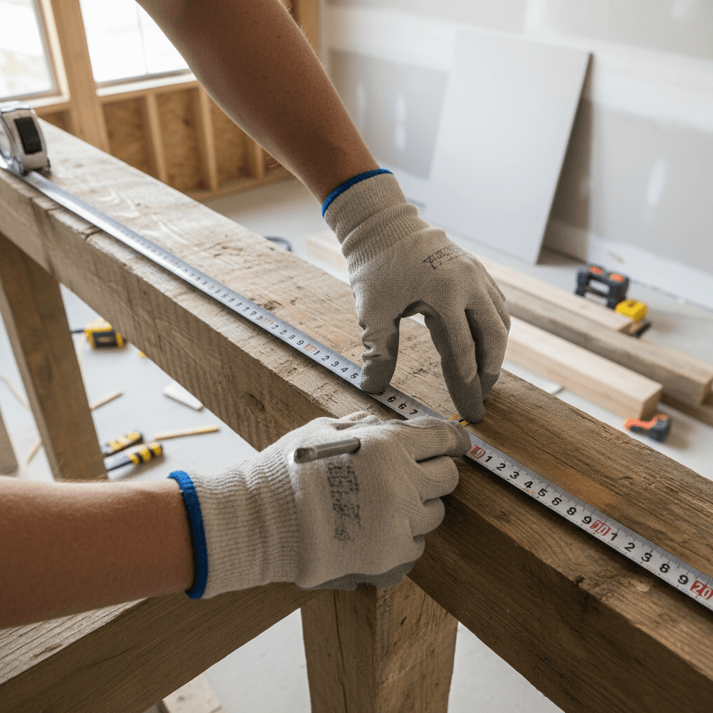 Handwerker mit Wasserwaage bei der Arbeit im Innenausbau