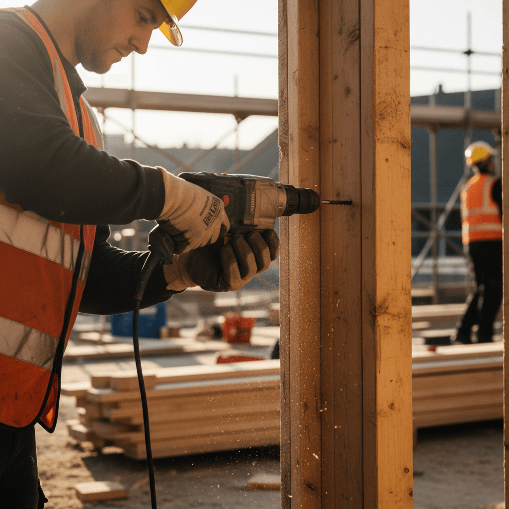 Handwerker mit Bohrmaschine bei der Renovierung einer Wohnung