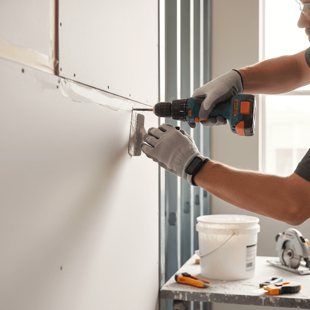 Handwerker bringt Trockenbauwand in einem Raum an